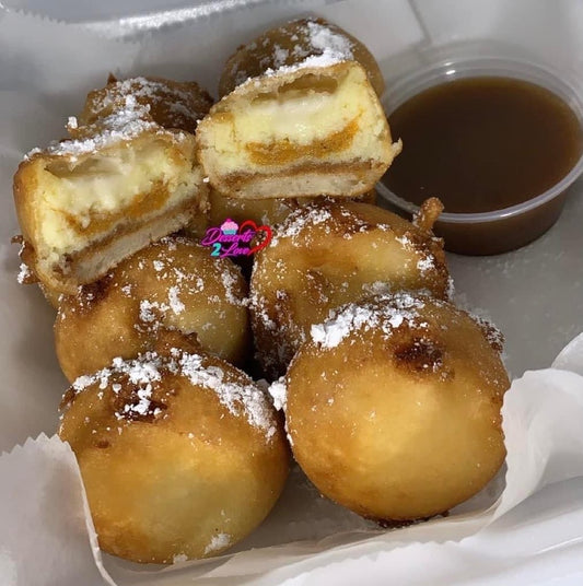 Fried Sweet Potato Cheesecake Bites w/pecan pie sauce